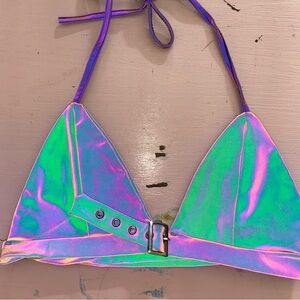 Reflective Iridescent Holographic Fabric Triangle Bikini Crop Top Small Buckle